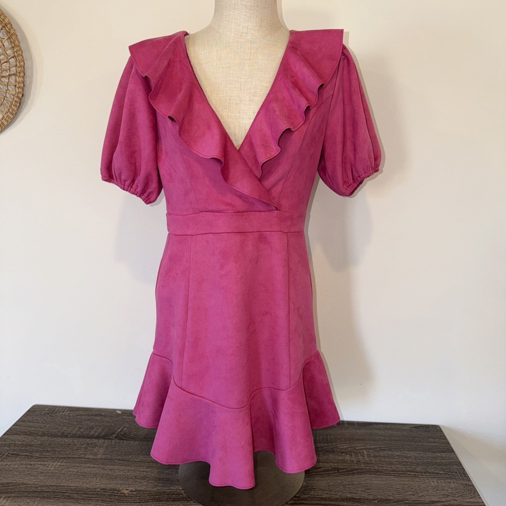 Fate Bright Pink Faux Suede Puff Sleeve Ruffle Dress Medium NWT